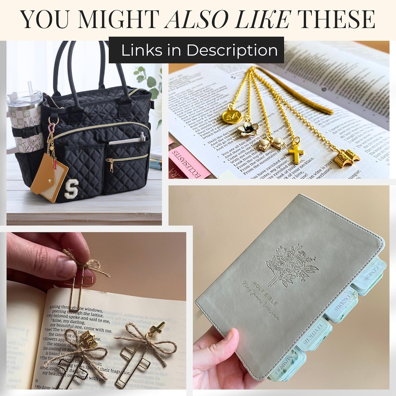 May include: A collage featuring a black quilted tote bag with a letter S patch, gold-toned metal bookmarks with charms on an open book, cross-shaped paper clips with twine bows, and a light gray Bible cover with floral embossing and index tabs.