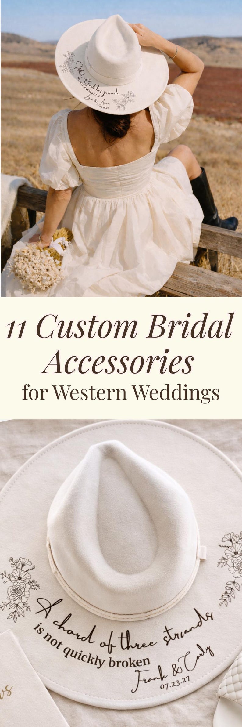 Puede incluir: Un sombrero de novia color crema con detalles florales y de escritura, parte de una colecci&oacute;n de accesorios personalizados para bodas del oeste. El sombrero presenta un ala ancha y est&aacute; decorado con un dise&ntilde;o floral y el texto "Mrs. God has joined".