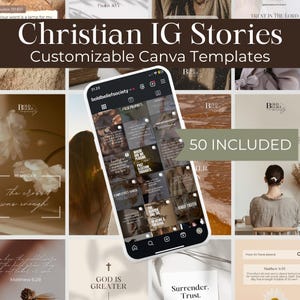 May include: An image promoting Christian Instagram Story templates. A smartphone screen shows various story layouts with religious themes. Text includes "Christian IG Stories" and "Customizable Canva Templates".