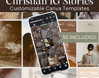 May include: A promotional image for Christian Instagram Stories templates. The image features a smartphone displaying various story layouts with religious themes. Text includes "Christian IG Stories" and "Customizable Canva Templates."