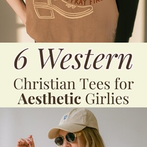 May include: Brown t-shirts with Western-themed designs. One shirt features a boot design with the text "Hold Up Partner, Let's Pray First." The other shirt has "YHWH" in a cowhide pattern. The image also includes text: "6 Western Christian Tees for Aesthetic Girlies."