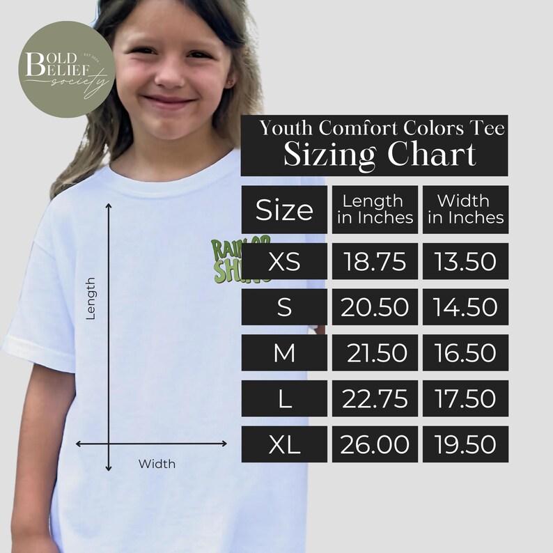 May include: Youth Comfort Colors Tee sizing chart with measurements in inches. The chart shows sizes XS, S, M, L, and XL with corresponding length and width measurements.