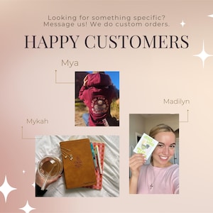 May include: Image with the text "Looking for something specific? Message us! We do custom orders. HAPPY CUSTOMERS." Includes photos of a burgundy hoodie, a journal, and a card that says "JESUS LOVES YOU SO MUCH."