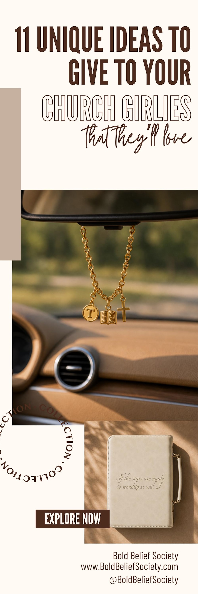 May include: A gold-toned chain hanging from a rearview mirror with three charms: a circular letter T, an open book, and a cross. Below, a rectangular cream-colored case features the text: If the stars are made to worship so will I.