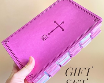 Pink Bible Tabbed Baptism Gift for Daughter Personalized Bible with Annotation Kit Bible Study Gift for Women Christian Gift Set for Bride