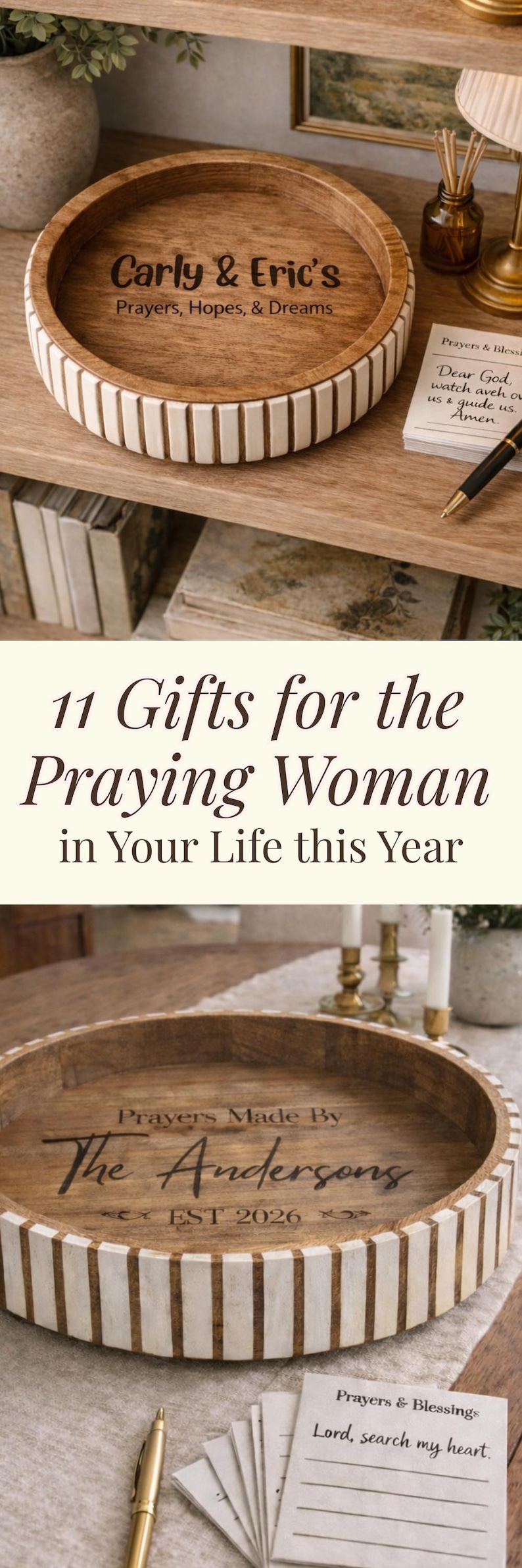 May include: Wooden serving trays with white and brown accents. One tray is engraved with "Carly & Eric's Prayers, Hopes, & Dreams." Another says "Prayers Made By The Andersons EST 2026." The image also includes a notepad and pen.