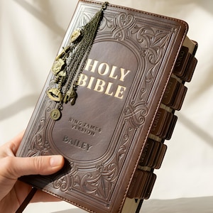 Large Print KJV Bible with Tabs Brown Faux Leather Custom Initial Charm Bookmark Gift Set for Baptism Bible Christian Armor of God image 1