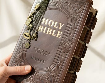 Large Print KJV Bible with Tabs Brown Faux Leather Custom Initial Charm Bookmark Gift Set for Baptism Bible Christian Armor of God
