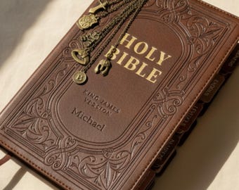 Personalized Large Print KJV Study Bible with Tabs Brown Leather Scripture Gift Set Custom Charm Bookmark Christian Gift for Dad Pastor