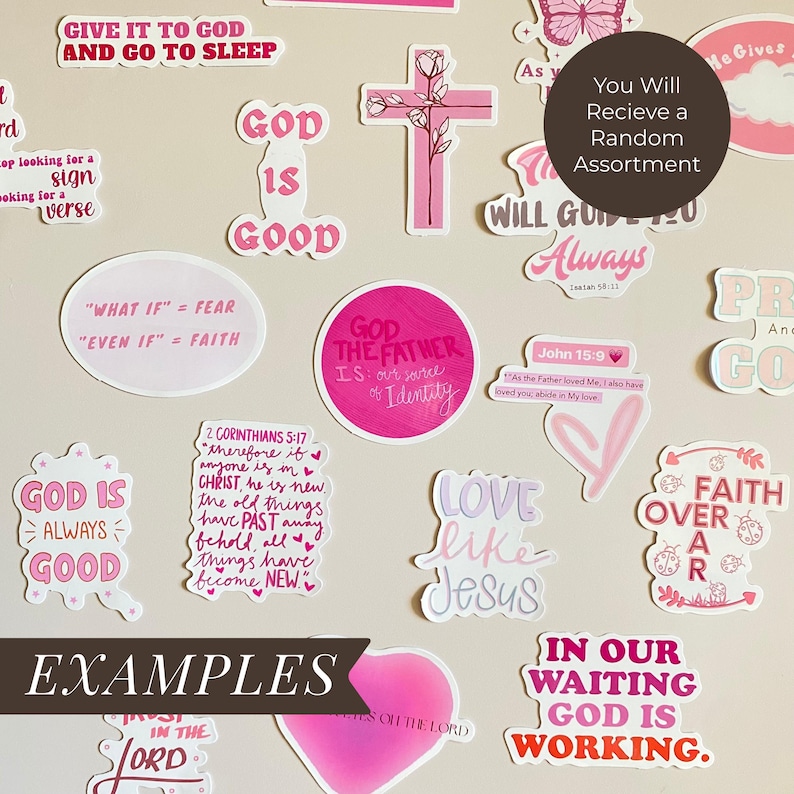 May include: A collection of pink and white Christian-themed stickers with various phrases like "God is Good" and "Love Like Jesus." Includes a pink cross, heart shapes, and the text "You Will Receive a Random Assortment."
