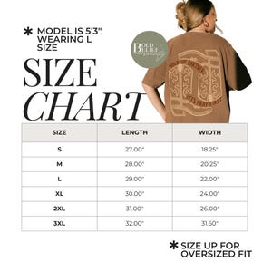 May include: A size chart for a brown t-shirt with the text "Hold Up Partner, Let's Pray First". The chart shows measurements for sizes S to 3XL, with lengths from 27.00" to 32.00" and widths from 18.25" to 31.60". The model is 5'3" and wearing a size L.