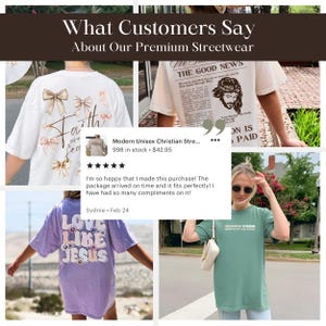 May include: A collage of four images showcasing different Christian-themed t-shirts. The first image shows a white t-shirt with pink bows and the text "Faith over fear". The second image shows a white t-shirt with a newspaper print featuring the text "The Good News" and a picture of Jesus. The third image shows a purple t-shirt with the text "Love Like Jesus". The fourth image shows a teal t-shirt with the text "Here in Your Presence".