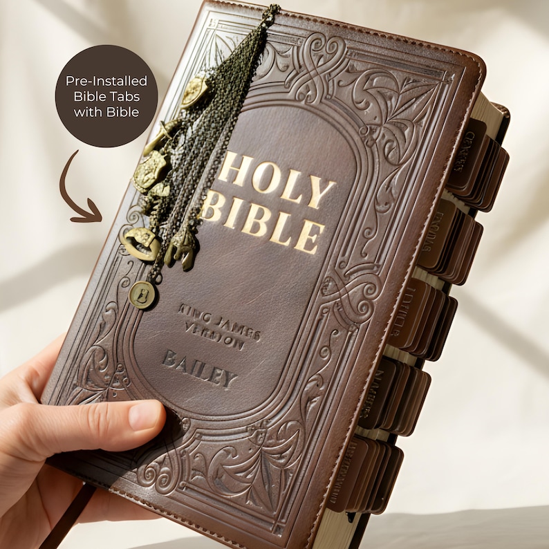 Large Print KJV Bible with Tabs Brown Faux Leather Custom Initial Charm Bookmark Gift Set for Baptism Bible Christian Armor of God image 14