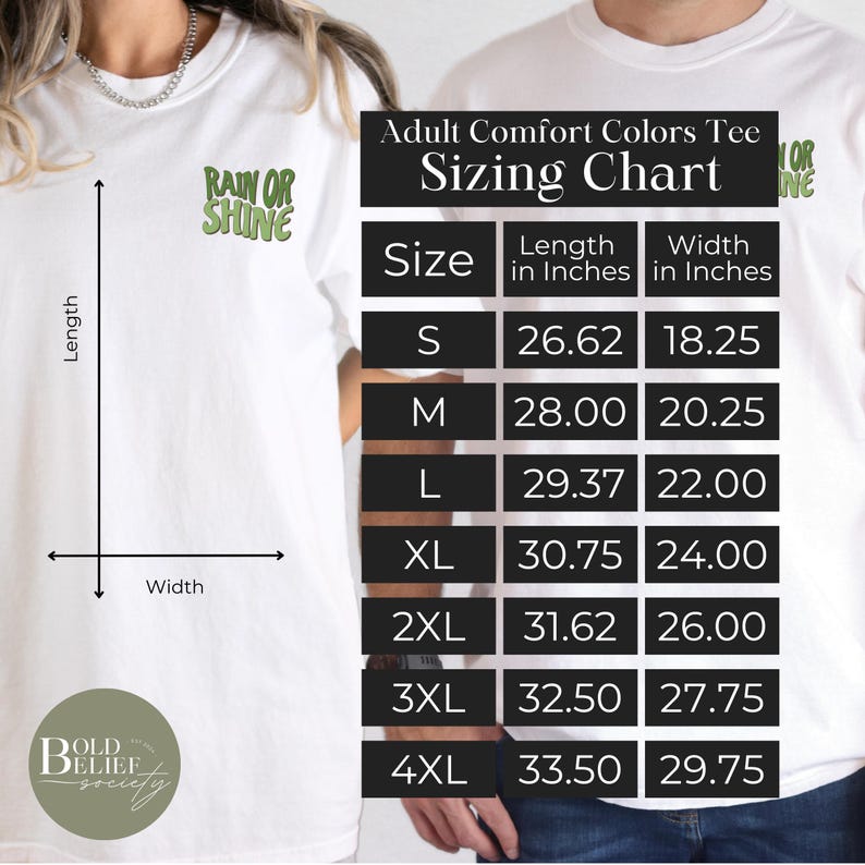 May include: Sizing chart for adult comfort colors t-shirts. The chart shows the length and width in inches for sizes S through 4XL.