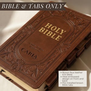 Large Print KJV Bible with Tabs Brown Faux Leather Custom Initial Charm Bookmark Gift Set for Baptism Bible Christian Armor of God Bible with Tabs Only