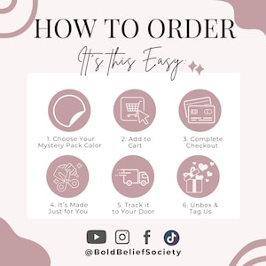 May include: A pink and white graphic with the text "HOW TO ORDER It's this Easy." The image shows a step-by-step guide with icons for choosing a color, adding to cart, completing checkout, and more. Social media icons are at the bottom.