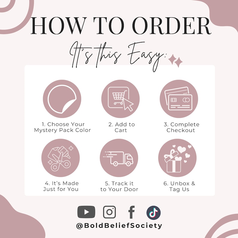 May include: A pink and white graphic with the text "HOW TO ORDER It's this Easy." The image shows a step-by-step guide with icons for choosing a color, adding to cart, completing checkout, and more. Social media icons are at the bottom.
