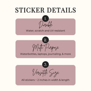 May include: Image detailing sticker features. Text reads "STICKER DETAILS" above three sections. Section 1: "Durable" with water, scratch, and UV resistance. Section 2: "Multi Purpose" for water bottles, laptops, and journaling. Section 3: "Versatile Size" with stickers approximately 2 inches in width and length.