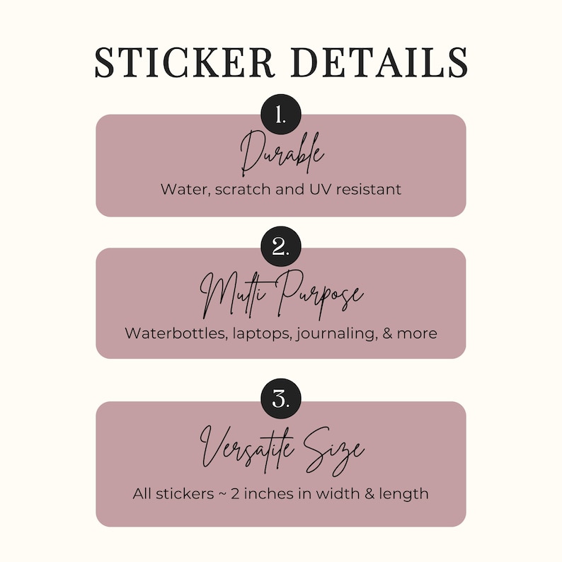 May include: Image detailing sticker features. Text reads "STICKER DETAILS" above three sections. Section 1: "Durable" with water, scratch, and UV resistance. Section 2: "Multi Purpose" for water bottles, laptops, and journaling. Section 3: "Versatile Size" with stickers approximately 2 inches in width and length.