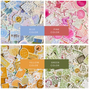 May include: A collection of colorful stickers with inspirational quotes and religious themes. The stickers are in shades of blue, pink, yellow, and green. Some stickers feature text like "Jesus", "God is", and "Love".