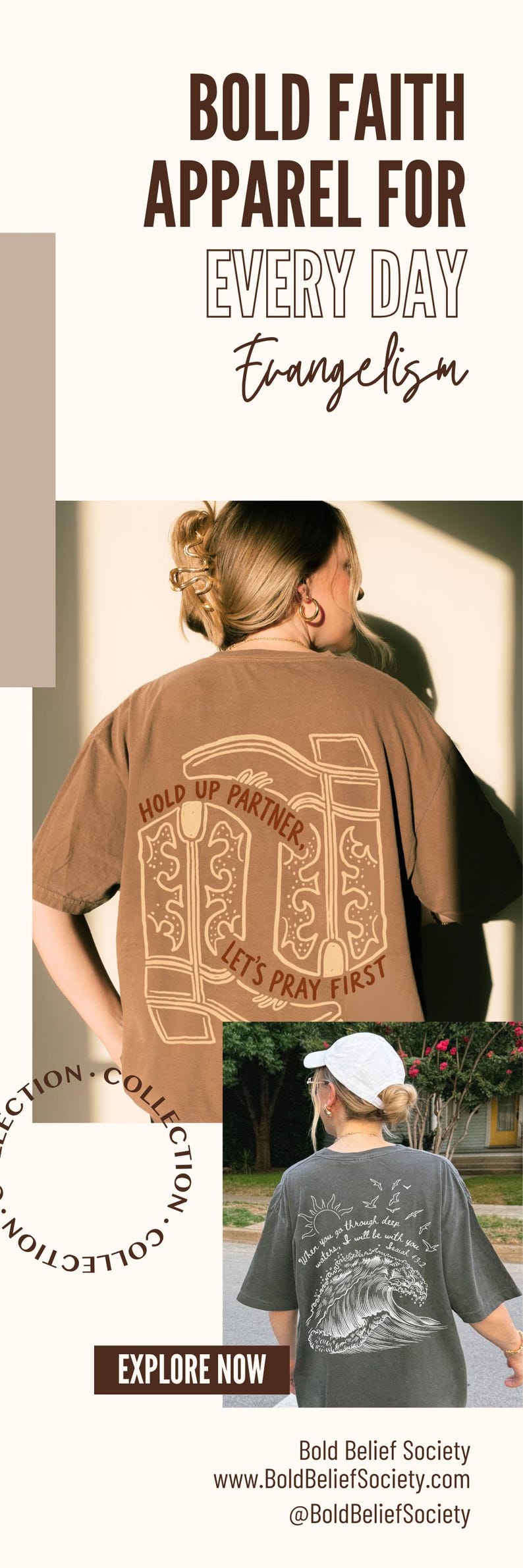 May include: Brown t-shirts with religious-themed graphics. One shirt features a boot design with the text "Hold Up Partner, Let's Pray First." Another shirt has a wave graphic and text. The image also includes the text "Bold Faith Apparel for Every Day Evangelism."
