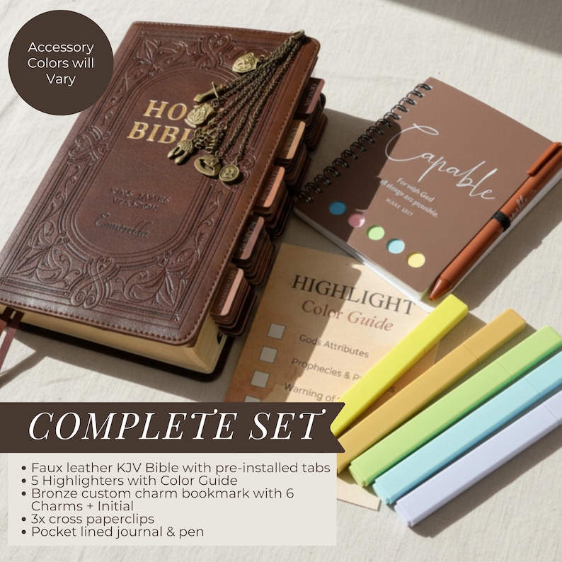 Large Print KJV Bible with Tabs Brown Faux Leather Custom Initial Charm Bookmark Gift Set for Baptism Bible Christian Armor of God Whole Set