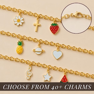 May include: Three gold-tone link chain bracelets featuring various enamel charms including a daisy, cross, strawberry, pineapple, planet, heart, treble clef, star, and watermelon slice. A circular inset shows the lobster claw clasp mechanism.