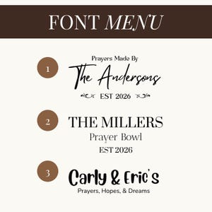 May include: A font menu graphic with a brown header that reads "FONT MENU". The graphic displays three font options with names and phrases: "The Andersons", "The Millers", and "Carly & Eric's". Each option is numbered and includes the text "EST 2026".