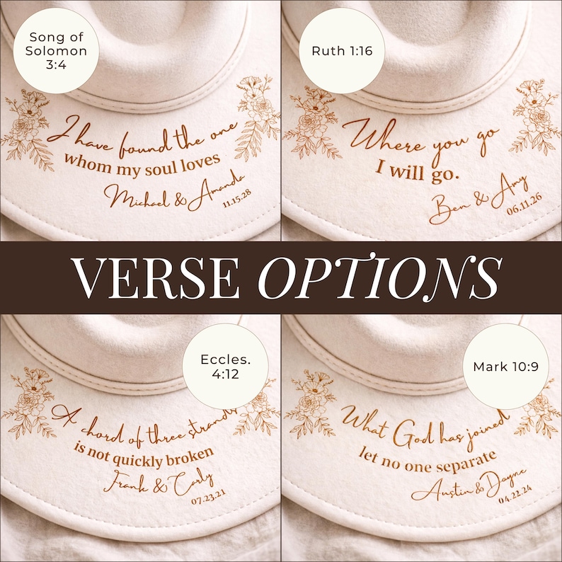 Puede incluir: Cuatro sombreros blancos con vers&iacute;culos b&iacute;blicos y dise&ntilde;os florales. Cada sombrero presenta nombres y fechas personalizados. El texto "VERSE OPTIONS" se muestra en color marr&oacute;n.