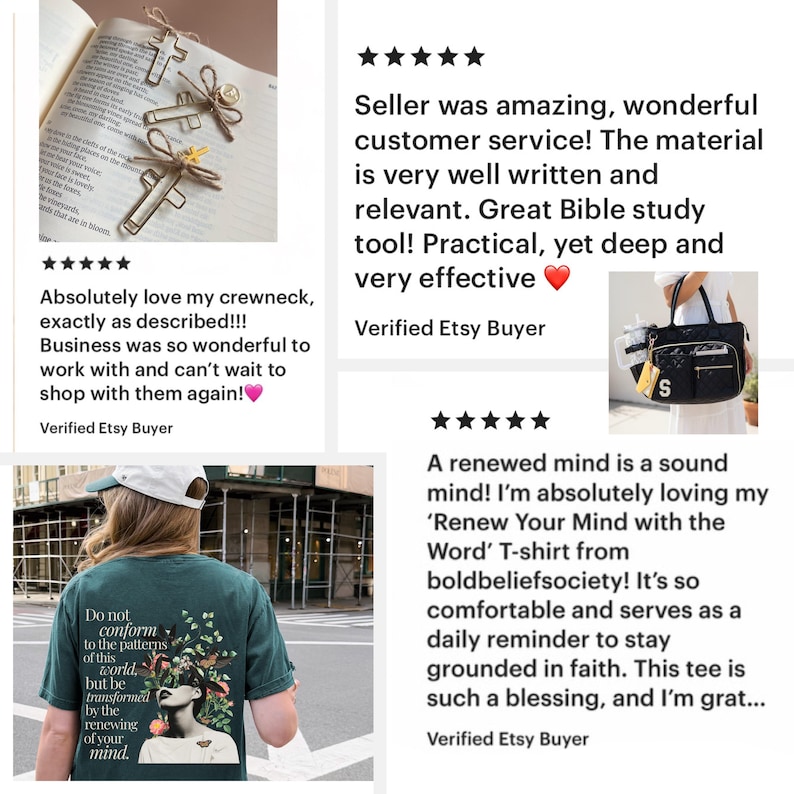 May include: A collage of Etsy product reviews featuring three gold-toned cross-shaped paper clips with twine bows on an open book, a black quilted tote bag with a letter S patch, and a dark green t-shirt with a graphic print and white text.