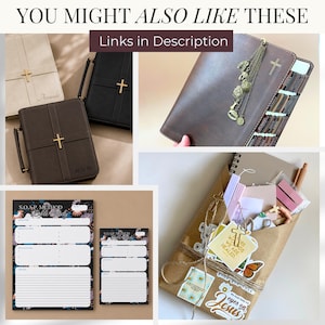 May include: A collection of Bible covers in cream, black, and brown with gold cross emblems, alongside S.O.A.P. method Bible study notepad sheets with floral borders and a brown paper package containing stationery items, stickers, and a small wooden cross.