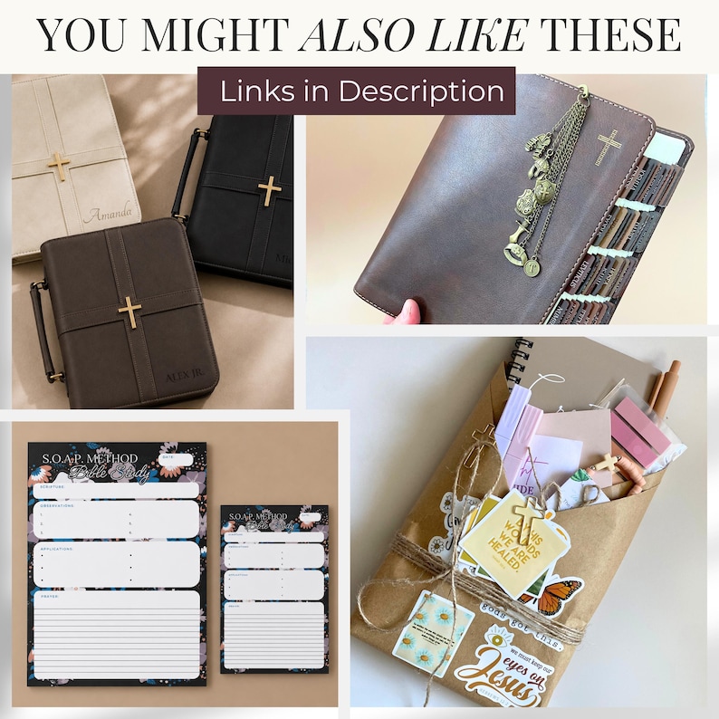 May include: A collection of Bible covers in cream, black, and brown with gold cross emblems, alongside S.O.A.P. method Bible study notepad sheets with floral borders and a brown paper package containing stationery items, stickers, and a small wooden cross.