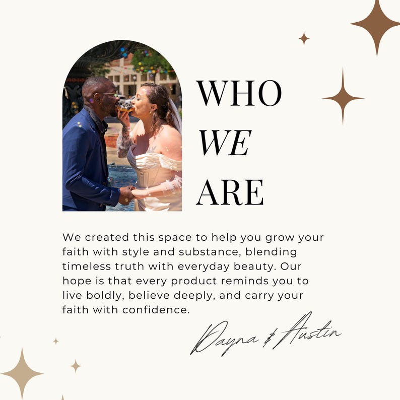 Puede incluir: Gr&aacute;fico color crema con el texto "WHO WE ARE" en negro. Una foto de una pareja est&aacute; en la esquina superior izquierda. El texto de abajo dice: "Creamos este espacio para ayudarte a crecer tu fe..." y est&aacute; firmado "Dayna & Austin."
