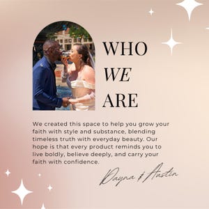 May include: A wedding photo of a couple toasting drinks, framed by an arch. The text "WHO WE ARE" is displayed in bold, black letters. The bottom of the image includes the text "Dayna & Austin".