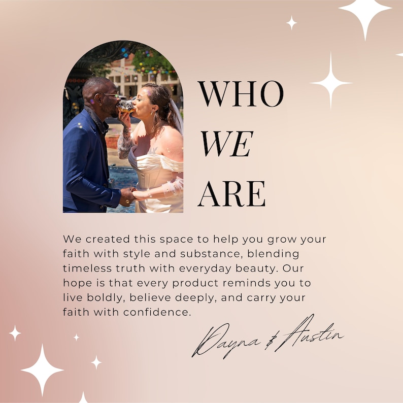May include: A wedding photo of a couple toasting drinks, framed by an arch. The text "WHO WE ARE" is displayed in bold, black letters. The bottom of the image includes the text "Dayna & Austin".