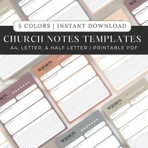 May include: A collection of Church Notes Templates in various pastel colors. The templates include sections for sermon notes, scripture references, and key takeaways. The image includes the text "5 COLORS | INSTANT DOWNLOAD" and "CHURCH NOTES TEMPLATES".