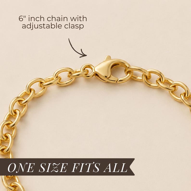 May include: A gold-toned chain bracelet featuring a lobster claw clasp. The text 6" inch chain with adjustable clasp is visible with an arrow pointing to the closure. A dark banner displays the text ONE SIZE FITS ALL across the bottom.