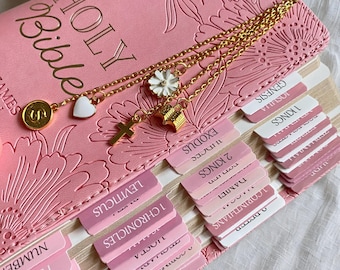 Personalized Bible with Tabs Bookmark Charm for Bible Accessories Pink Gift Set Adult Baptism Gift Custom Bible Gift Christian Girl Stuff