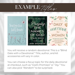 May include: Three devotional books displayed side-by-side. The first is light blue with flower illustrations and the text Trusting God with Every Breath. The second is dark green with leaf patterns and the text Praying The Names of God. The third is cream with floral accents and the text Daily Devotional for Women.