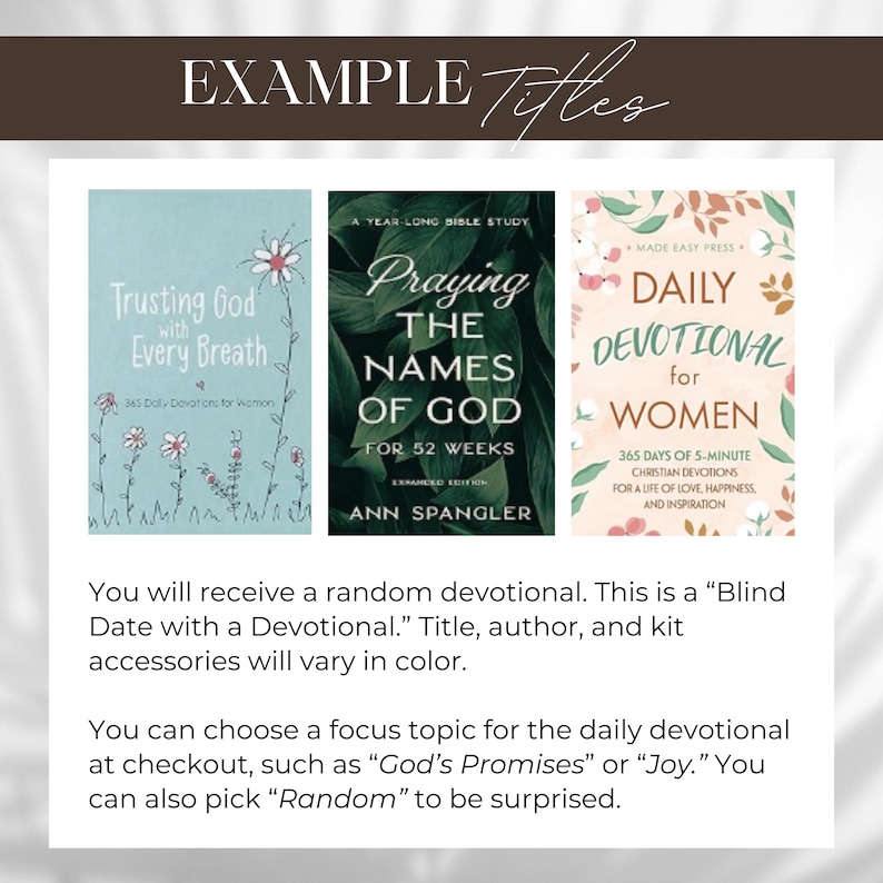 May include: Three devotional books displayed side-by-side. The first is light blue with flower illustrations and the text Trusting God with Every Breath. The second is dark green with leaf patterns and the text Praying The Names of God. The third is cream with floral accents and the text Daily Devotional for Women.