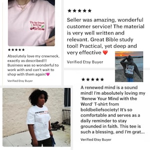 Puede incluir: Camiseta rosa con cuello redondo con el texto "Tis So Sweet to Trust Jesus" y un gr&aacute;fico de cerezas. La imagen tambi&eacute;n muestra rese&ntilde;as de clientes con calificaciones de cinco estrellas y comentarios positivos.
