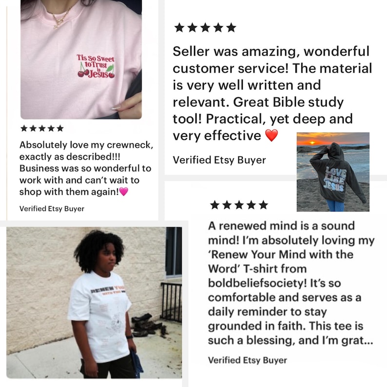 Puede incluir: Camiseta rosa con cuello redondo con el texto "Tis So Sweet to Trust Jesus" y un gr&aacute;fico de cerezas. La imagen tambi&eacute;n muestra rese&ntilde;as de clientes con calificaciones de cinco estrellas y comentarios positivos.