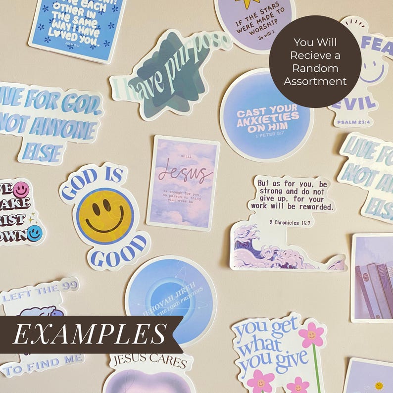 May include: A collection of assorted stickers with inspirational quotes and religious themes. The stickers feature various colors, fonts, and designs, including a smiley face, floral accents, and the text "Jesus". The stickers are arranged on a neutral background.