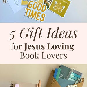 May include: A collection of brown paper gift envelopes containing notebooks, pens, and colorful stickers with religious text and butterfly graphics. The items are tied with twine and include various cards with phrases like Good Times and Eyes on Jesus.