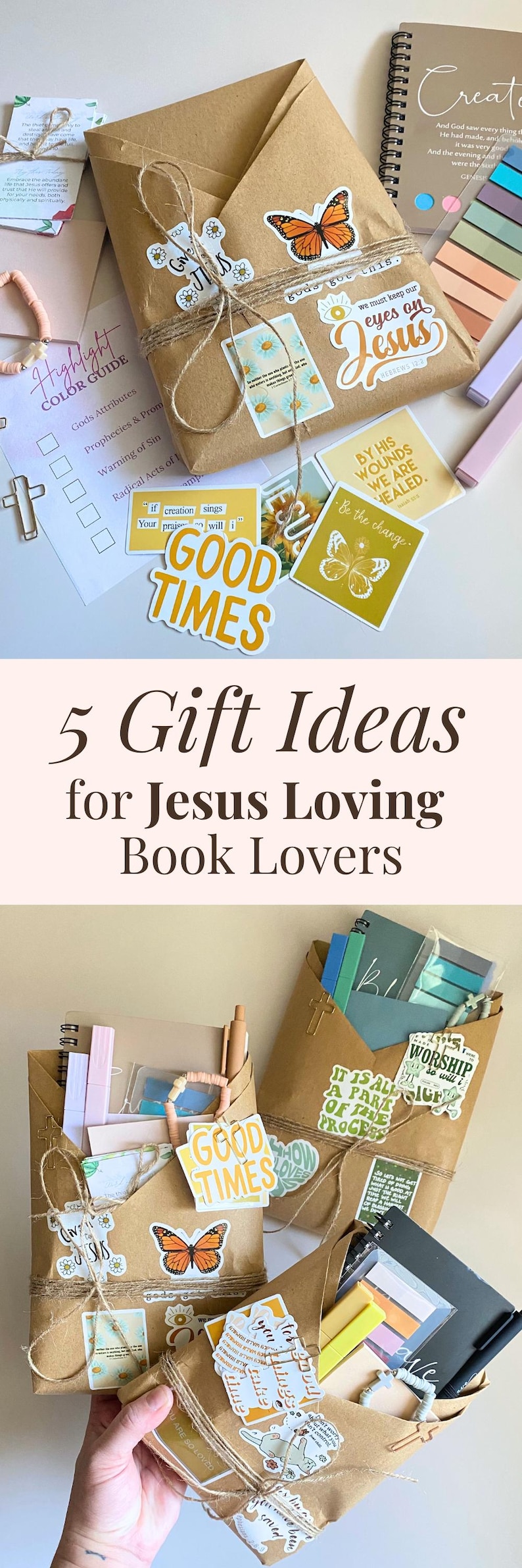May include: A collection of brown paper gift envelopes containing notebooks, pens, and colorful stickers with religious text and butterfly graphics. The items are tied with twine and include various cards with phrases like Good Times and Eyes on Jesus.
