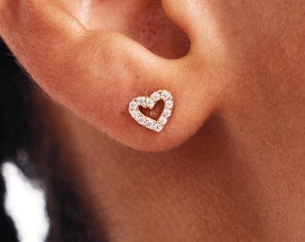 14K Solid Gold Diamond Heart Studs – Dainty Love Earrings