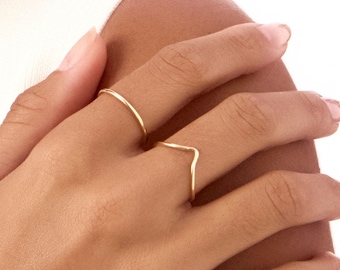 14K Gold Ring Set (2 Pieces) | Dainty Minimalist Stackable Bands