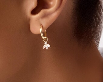 14k Solid Gold Huggie Hoop Earrings: Lotus & North Star Dangle
