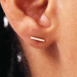 14K Solid Gold Diamond Bar Studs – Tiny Line Earirings
