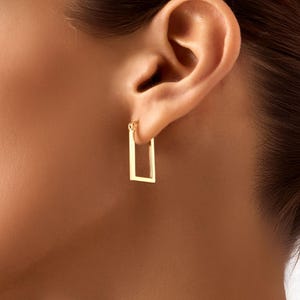 14K Real Solid Gold Rectangle Hoop Earrings – Minimalist Small Geometric Gold Hoops for Women, Long Hoop Earrings